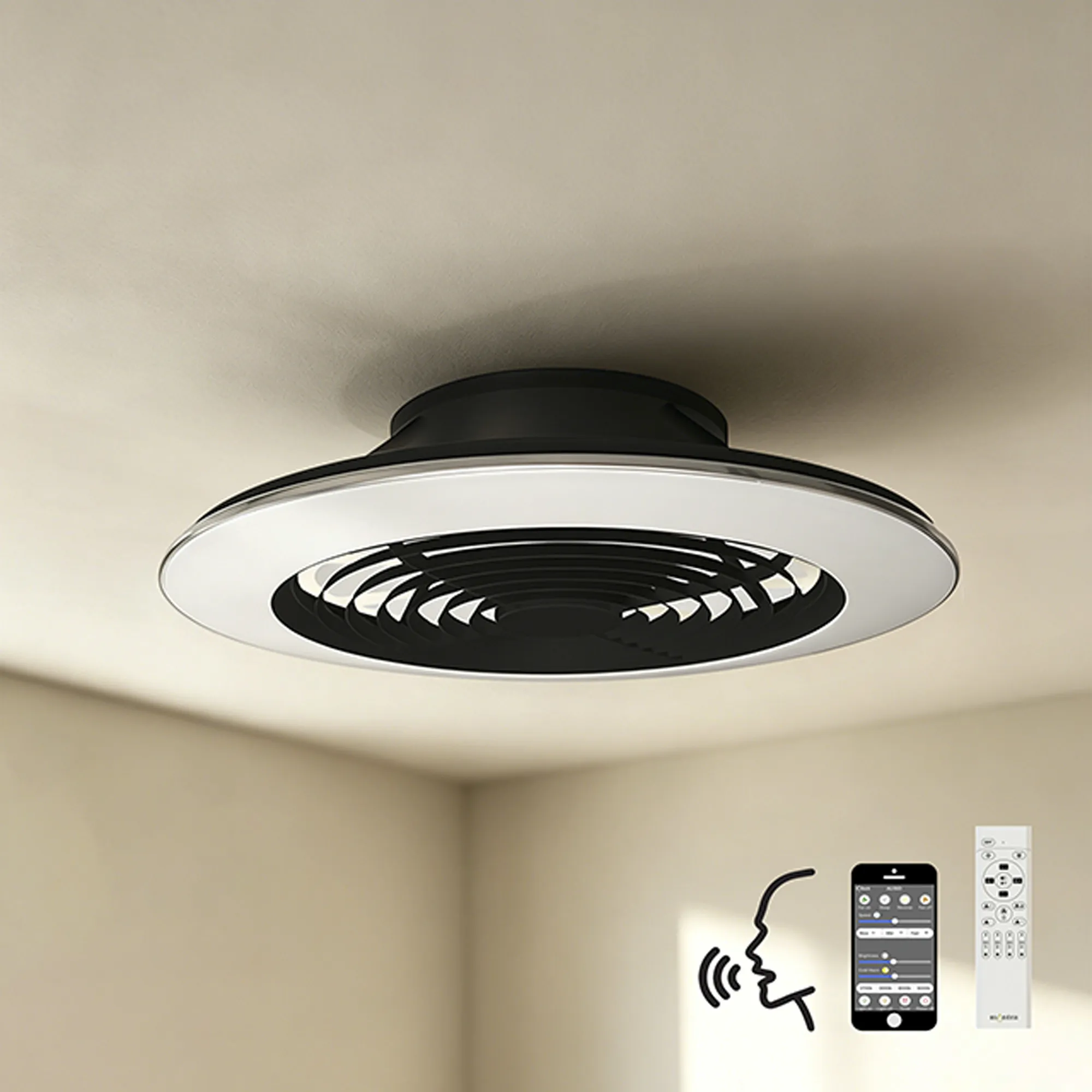 Alisio XL 73.5cm 95W LED Dimmable Ceiling Light & 58W DC Fan With Single Speed Reverse, Black c/w Remote, APP & Alexa/Google Voice Control, 5900lm M7492  Mantra Ventilacion Alisio XL